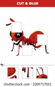 Education game for children cut and glue cut parts of cute cartoon red ant and glue them printable bug worksheet