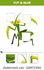 Education game for children cut and glue cut parts of cute cartoon green mantis and glue them printable bug worksheet