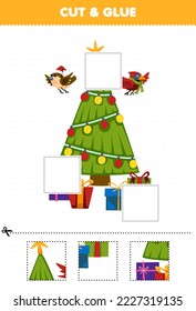 Education game for children cut and glue cut parts of cute cartoon christmas tree and glue them printable winter worksheet