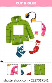 Education game for children cut and glue cut parts of cute cartoon winter clothes and glue them printable winter worksheet