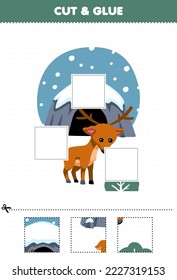 Education game for children cut and glue cut parts of cute cartoon deer in front of den and glue them printable winter worksheet