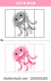 Education game for children cut and glue with cute cartoon jellyfish printable underwater worksheet