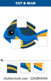 Education game for children cut and glue cut parts of cute cartoon blue fish and glue them printable underwater worksheet