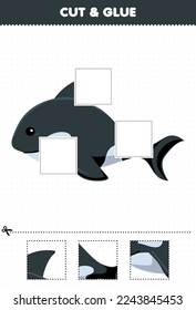 Education game for children cut and glue cut parts of cute cartoon orca and glue them printable underwater worksheet