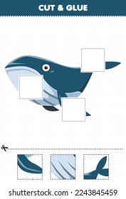 Education game for children cut and glue cut parts of cute cartoon whale and glue them printable underwater worksheet