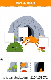 Education game for children cut and glue cut parts of cute cartoon fox jumping to the bush in front of cave and glue them printable nature worksheet