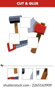 Education game for children cut and glue cut parts of cute cartoon hammer axe and saw picture printable tool worksheet