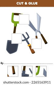 Education game for children cut and glue cut parts of cute cartoon shovel fork and shear picture printable tool worksheet