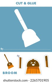 Education game for children cut and glue puzzle of cute cartoon broom picture printable tool worksheet