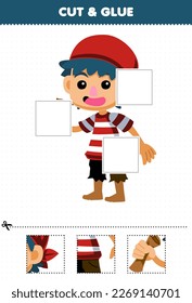 Education game for children cut and glue cut parts of cute cartoon boy character and glue them printable pirate worksheet