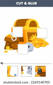 Education game for children cut and glue cut parts of cute cartoon treasure chest and glue them printable pirate worksheet