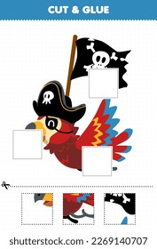 Education game for children cut and glue cut parts of cute cartoon parrot carrying flag and glue them printable pirate worksheet