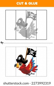 education game for children cut and glue with cute cartoon parrot carrying flag printable pirate worksheet