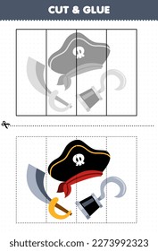 education game for children cut and glue with cute cartoon sword hat and hook printable pirate worksheet