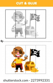 education game for children cut and glue with cute cartoon bald man and treasure printable pirate worksheet