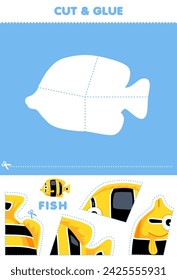 Education game for children cut and glue puzzle of cute fish picture printable pet worksheet