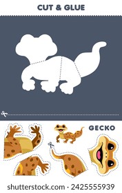 Education game for children cut and glue puzzle of cute gecko picture printable pet worksheet