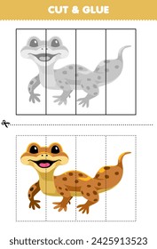 Education game for children cut and glue with cute cartoon gecko printable pet worksheet