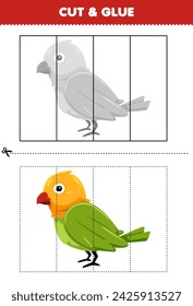 Education game for children cut and glue with cute cartoon bird printable pet worksheet