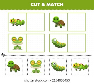 Education game for children cut and match the same picture of cute cartoon green animal iguana turtle frog caterpillar printable worksheet