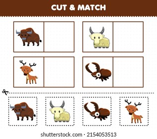 Education game for children cut and match the same picture of cute cartoon horn animal bison goat deer beetle printable worksheet