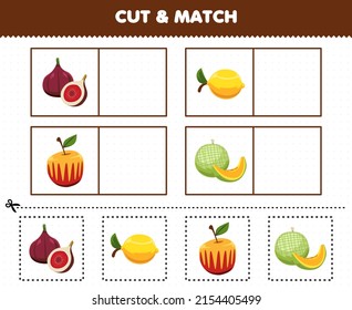 Education game for children cut and match the same picture of cartoon fruit fig lemon apple melon printable worksheet