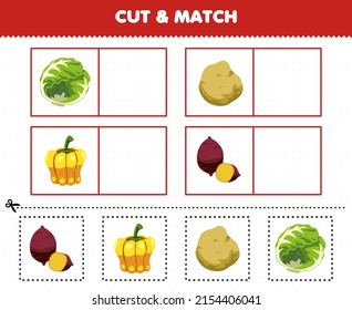 Education game for children cut and match the same picture of cartoon vegetables cabbage potato paprika yam printable worksheet