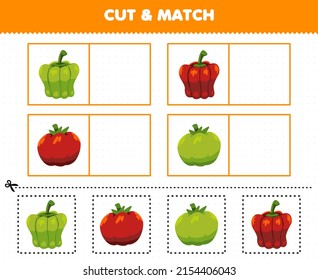 Education game for children cut and match the same picture of cartoon vegetables paprika tomato printable worksheet
