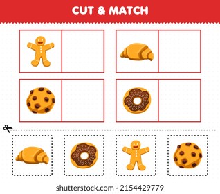 Education game for children cut and match the same picture of cartoon food gingerbread croissant cookie donut printable worksheet