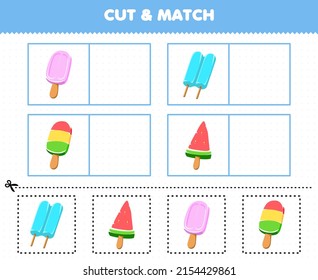Education game for children cut and match the same picture of cartoon food popsicle ice printable worksheet