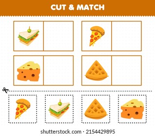 Education game for children cut and match the same picture of cartoon food sandwich pizza cheese waffle printable worksheet