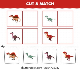 Education game for children cut and match the same picture of cute cartoon prehistoric carnivore dinosaur