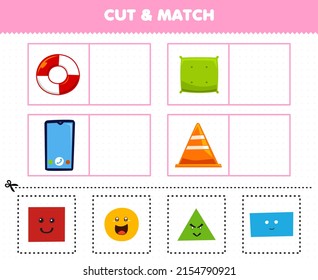Education game for children cut and match the same picture of cute cartoon shape circle lifebuoy square pillow rectangle smartphone triangle emergency cone
