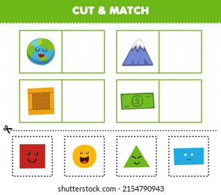 Education Game For Children Cut And Match The Same Picture Of Cute Cartoon Shape Circle Planet Triangle Mountain Square Box Rectangle Paper Money