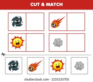 Education game for children cut and match the same picture of cute cartoon solar system black hole comet sun moon