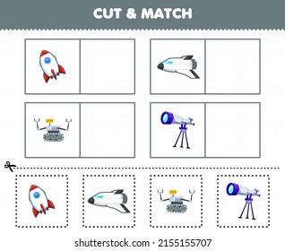 Education game for children cut and match the same picture of cute cartoon solar system rocket spaceship robot telescope