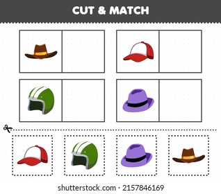 Education game for children cut and match the same picture of cartoon wearable clothes cowboy hat cap helm fedora