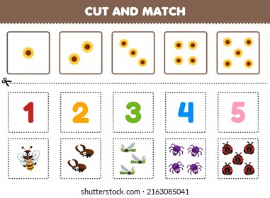 Education game for children cut and match the same number of cute cartoon bug animal printable worksheet