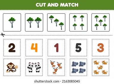 Education game for children cut and match the same number of cute cartoon jungle animal printable worksheet