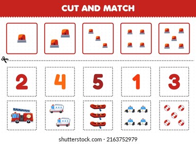 Education Game For Children Cut And Match The Same Number Of Cute Cartoon Rescue Transportation Firetruck Ambulance Inflatable Boat Police Car Lifebuoy Printable Worksheet