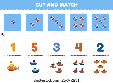 Education game for children cut and match the same number of cute cartoon water transportation submarine ferry ship boat sailboat ark printable worksheet