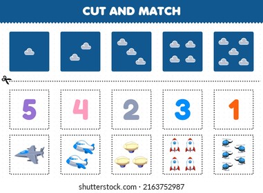Education game for children cut and match the same number of cute cartoon flying transportation jet fighter plane zeppelin rocket helicopter printable worksheet
