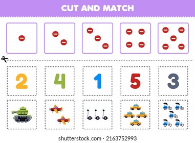 Education game for children cut and match the same number of cute cartoon transportation tank airplane segway taxi pedicab printable worksheet