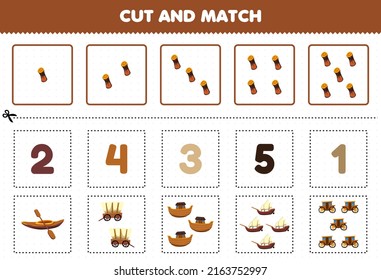 Education game for children cut and match the same number of cute cartoon wooden transportation kayak wagon ark xebec carriage printable worksheet