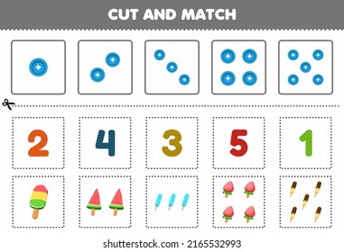 Education game for children cut and match the same number of cartoon food popsicle printable worksheet