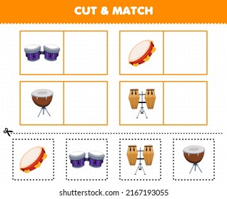 Education Game For Children Cut And Match The Same Picture Of Cartoon Music Instrument Drum Tambourine Bango Conga