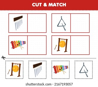 Education game for children cut and match the same picture of cartoon music instrument chimes triangle xylophone gong