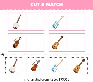 Education game for children cut and match the same picture of cartoon music instrument banjo bass violin guitar