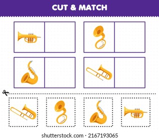 Education game for children cut and match the same picture of cartoon music instrument trumpet saxophone
