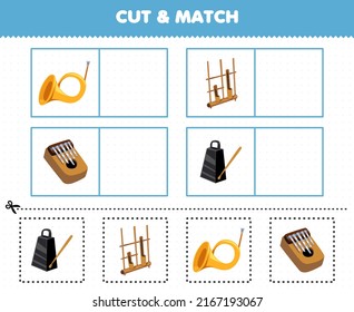 Education game for children cut and match the same picture of cartoon music instrument trumpet angklung kalimba bell